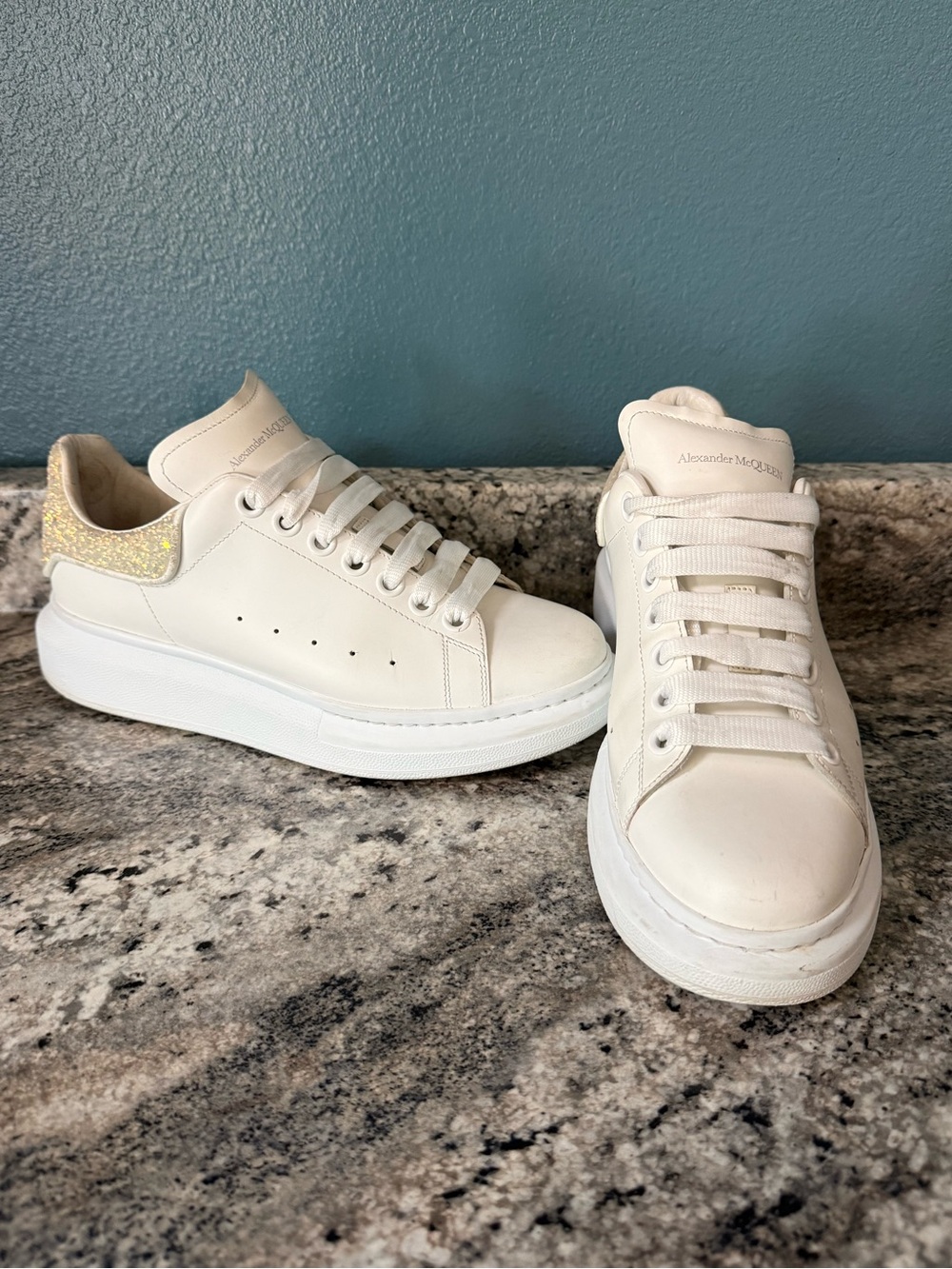 Alexander McQueen White Platform Leather Sneakers with Glitter Heel Tab